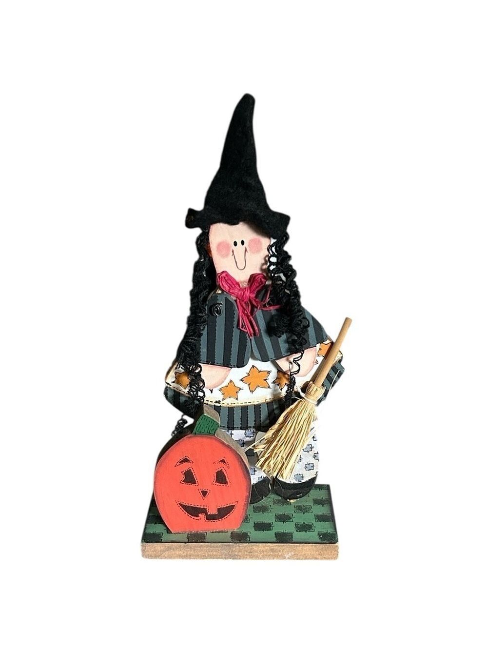 Wooden Halloween Good Witch Figurine with Curly Black Hair and Broom 11” - Picture 2 of 9